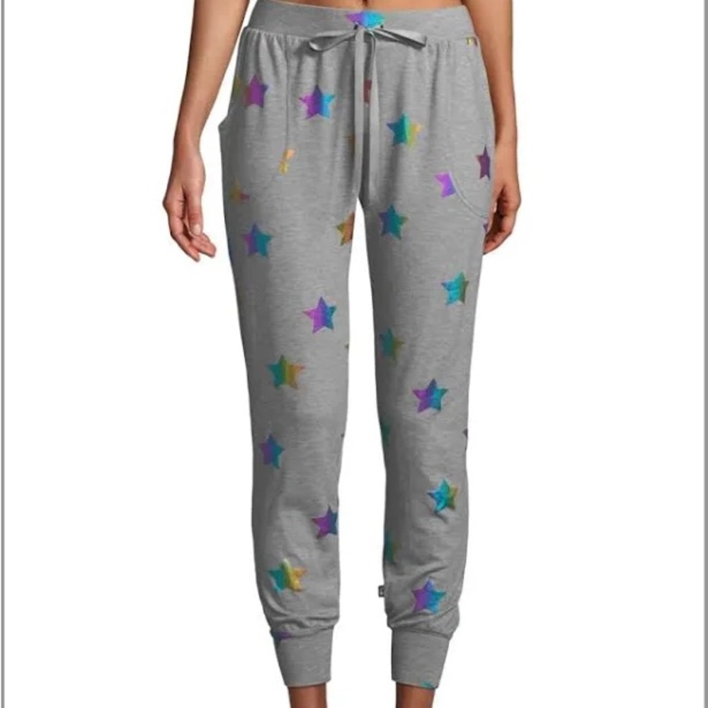 NWT Terez foil multi colored rainbow star skinny sweat lounge pants